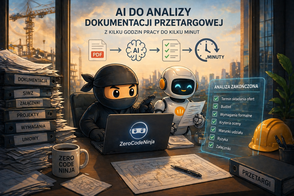 Automatyzacja AI usprawnia analizę dokumentacji przetargowej w firmach budowlanych. Sprawdź, jak transformacja cyfrowa, optymalizacja procesów i automatyzacja procesów biznesowych skracają czas pracy.